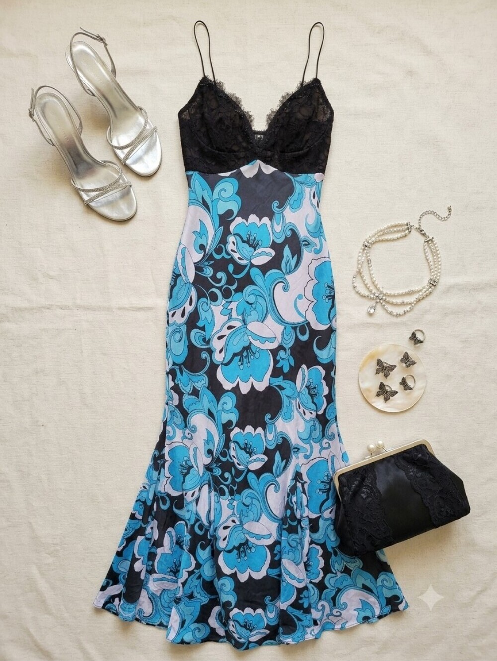 Y2K Mary L Couture Black Lace Bodice W/ White Blue Black Floral Print Silk Dress
